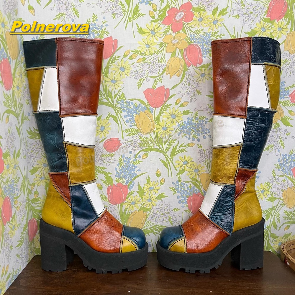 Vintage Fashion Heels - Sepatu Boots Kulit Wanita Retro Patchwork