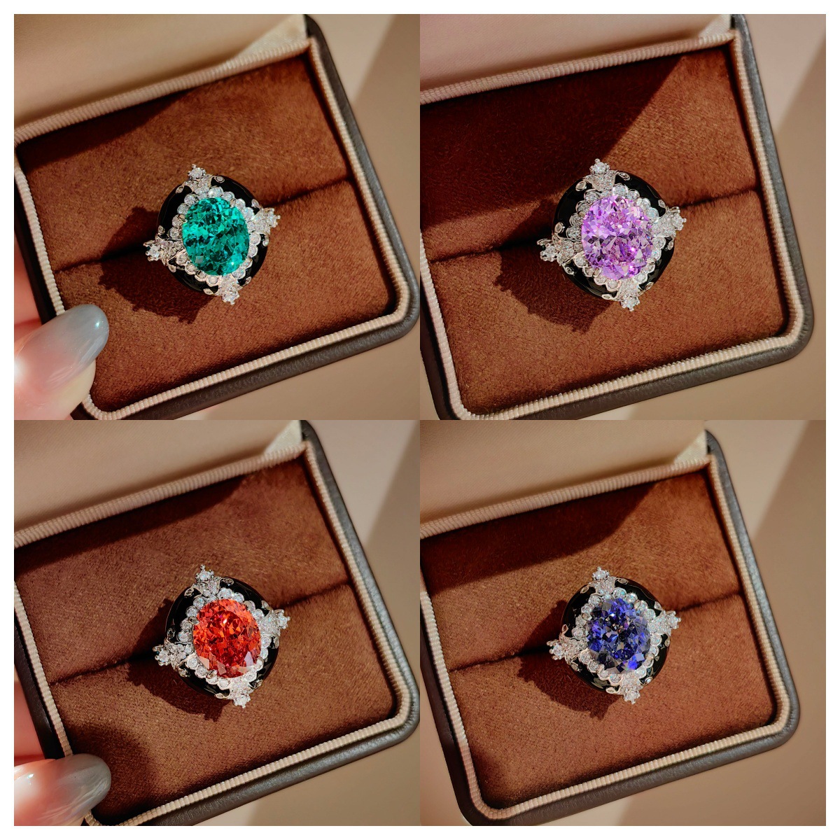 Vintage Fashion Events - Cincin Terbuka Enamel Hitam Elegan Berbentuk